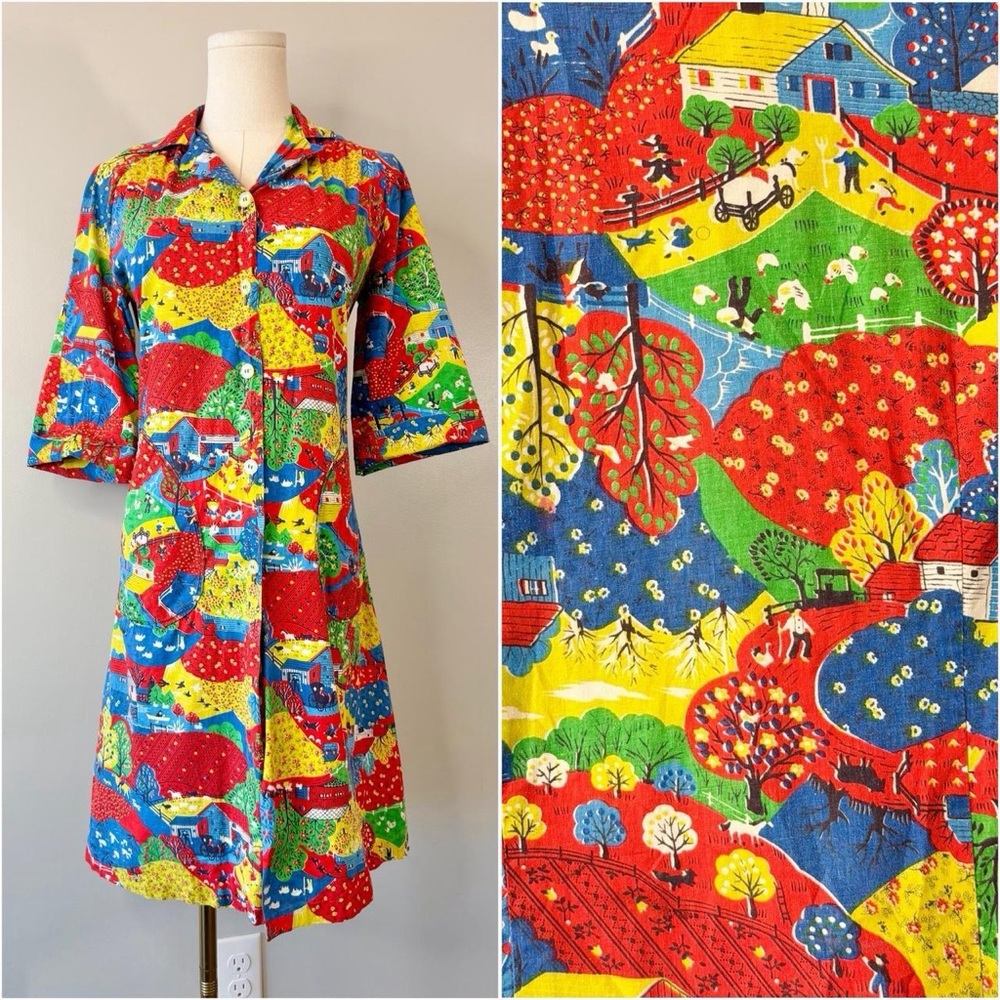 Vintage 1970s Novelty Print Tunic Shirt Jacket Farm Rainbow Retro 70s Groovy